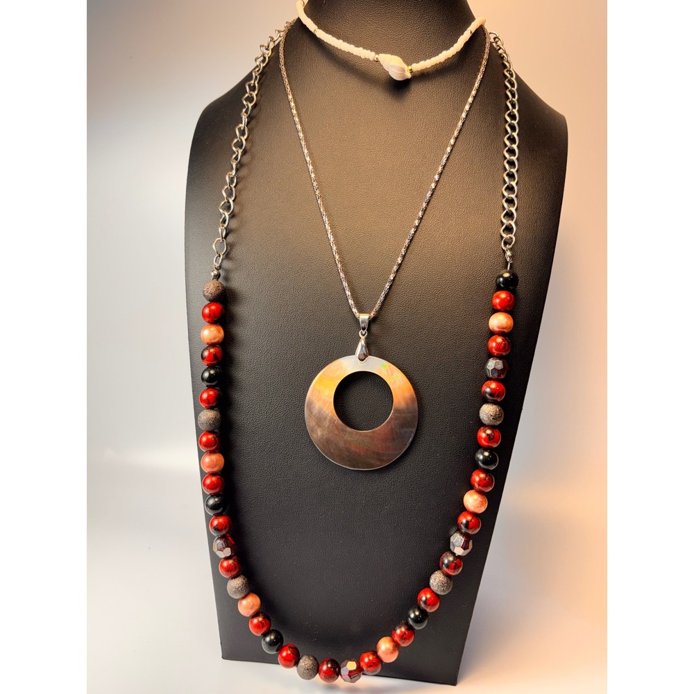 Vintage Necklace Set Red Silver Statement Boho Whimsygoth Shell Pendant